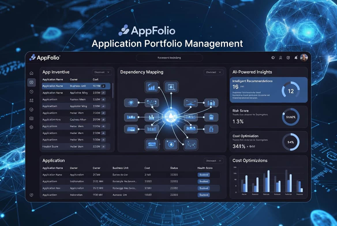 Iyene application portfolio management dashboard showing comprehensive app inventory, dependency mapping, and AI-powered insights
