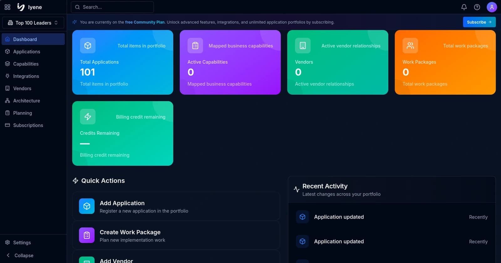 Iyene application portfolio management dashboard showing app inventory, business capabilities, vendor relationships and work-package insights