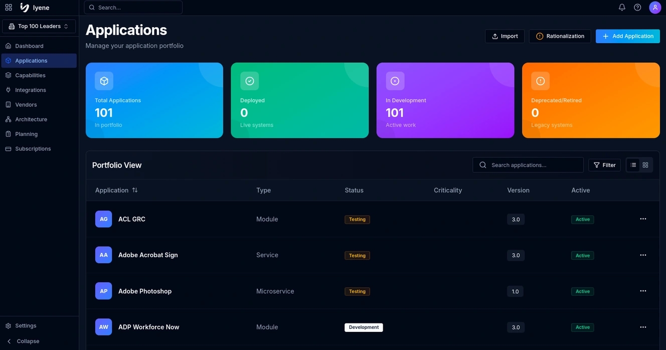 Iyene strategic application portfolio inventory with status, criticality and version